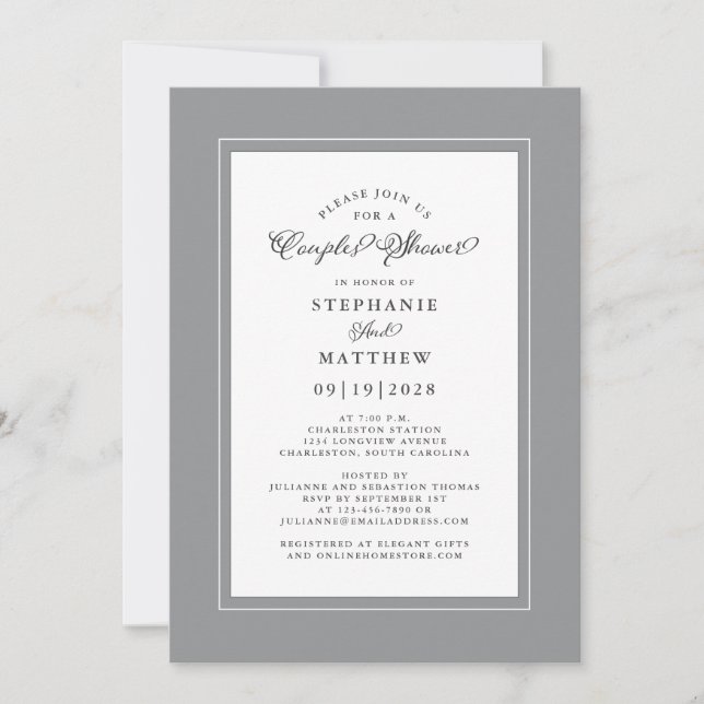 Elegant Grey & White Wedding Couples Shower Invitation (Front)