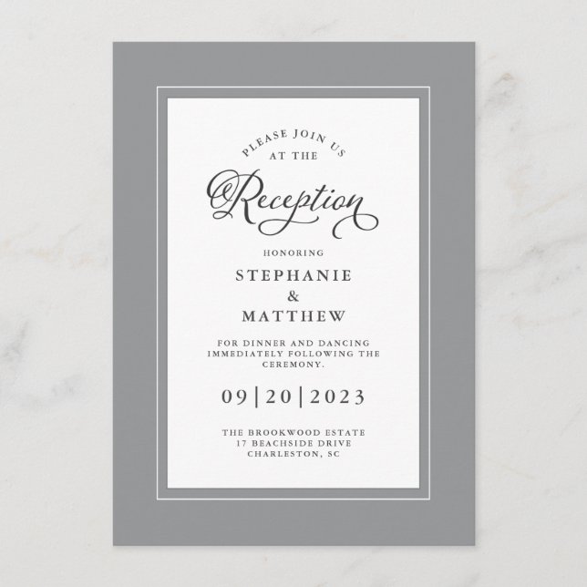 Elegant Grey White Wedding Reception Chic Borders Enclosure Card (Front)