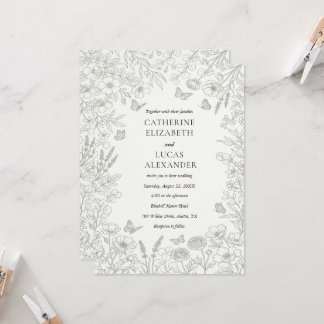 Elegant Grey Wildflower Line Art Wedding Invitation