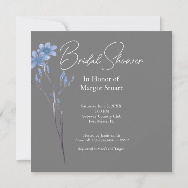 Elegant Grey Wildflower White Script Bridal Shower (Front)