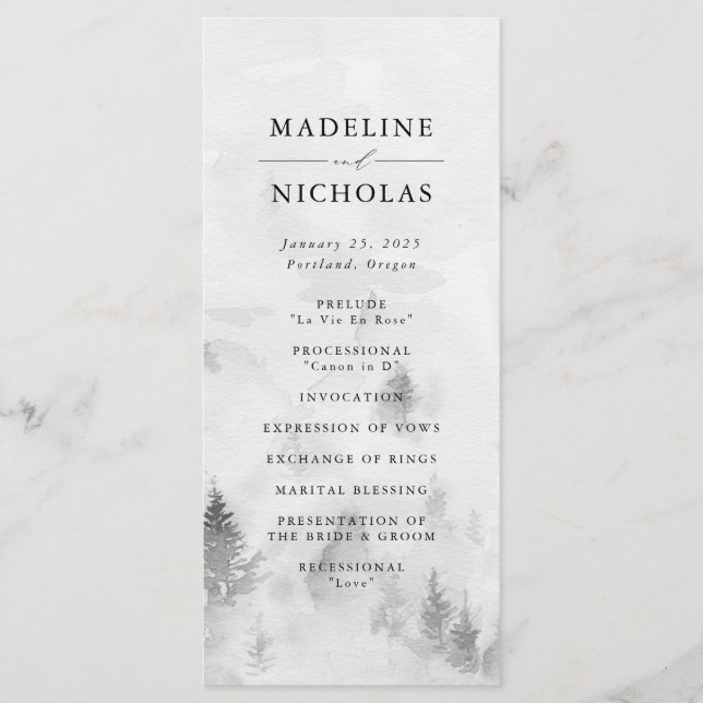 Elegant Grey Winter Forest Wedding Ceremony Programme (Front)