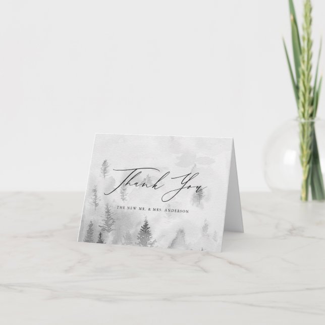 Elegant Grey Winter Forest Wedding Thank You Card (Front)