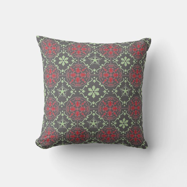 Elegant Grey Winter Nordic Snowflake Pattern Cushion (Front)