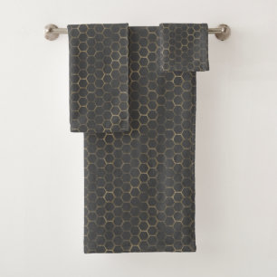 Elegant Grey With Gold Hexagon Beehive Pattern Bath Towel Set