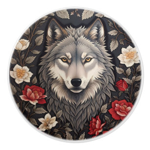 Elegant Grey Wolf Floral Ceramic Knob