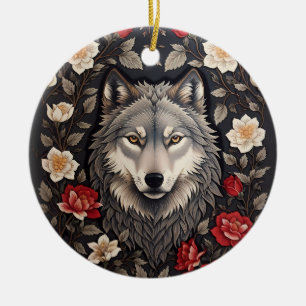 Elegant Grey Wolf Floral Ceramic Tree Decoration
