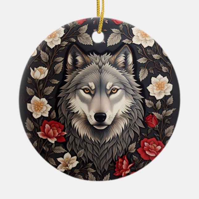 Elegant Grey Wolf Floral Ceramic Tree Decoration (Front)