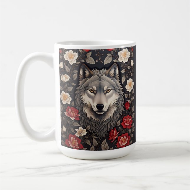 Elegant Grey Wolf Floral Coffee Mug (Left)