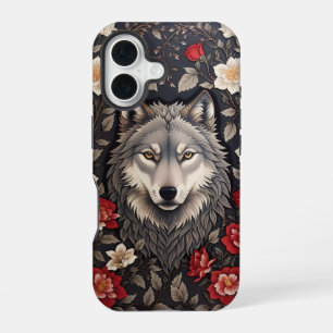 Elegant Grey Wolf Floral iPhone 16 Case