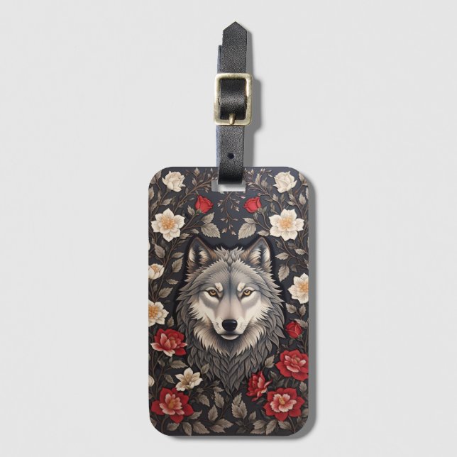 Elegant Grey Wolf Floral Luggage Tag (Front Vertical)