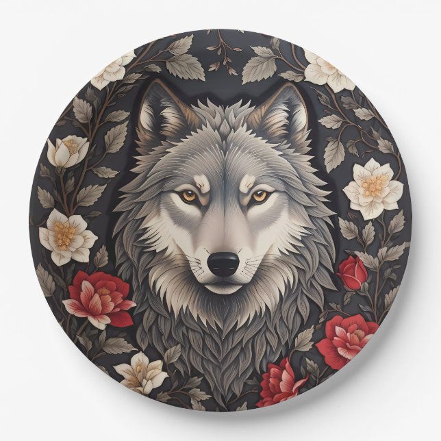 Elegant Grey Wolf Floral Paper Plate (Front)