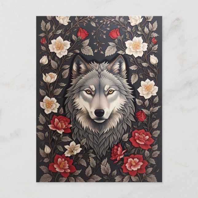 Elegant Grey Wolf Floral Postcard (Front)