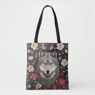 Elegant Grey Wolf Floral Tote Bag