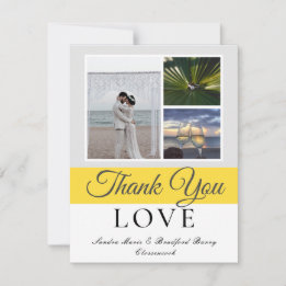 Elegant Grey Yellow Script Wedding Photo collage T Thank You Card