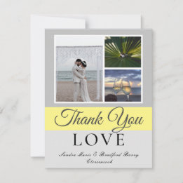 Elegant Grey Yellow Script Wedding Photo collage Thank You Card
