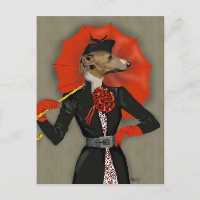 Elegant Greyhound and Red Umbrella Postcard (Front)