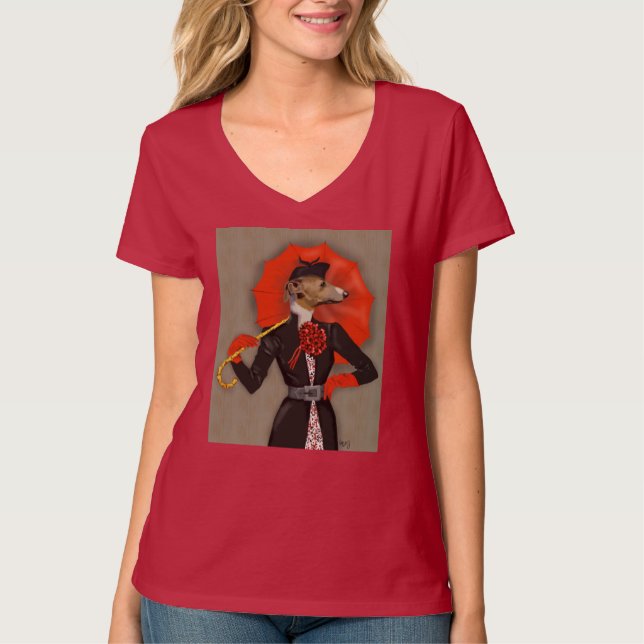 Elegant Greyhound and Red Umbrella T-Shirt (Front)