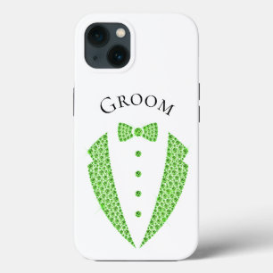 Elegant Groom Tuxedo Green Typography Wedding iPhone 13 Case