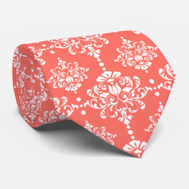 Elegant Groomsmen Damask Pattern Coral Wedding Tie (Rolled)