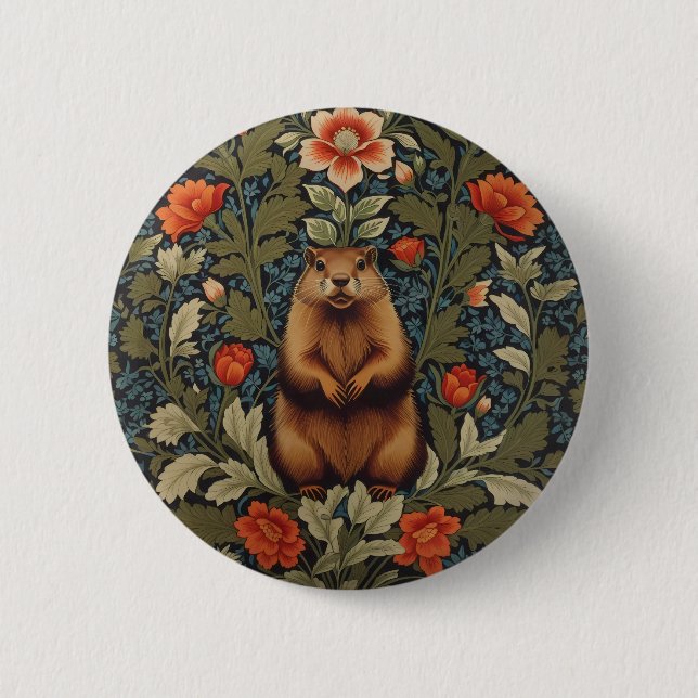 Elegant Groundhog William Morris Inspired 6 Cm Round Badge (Front)