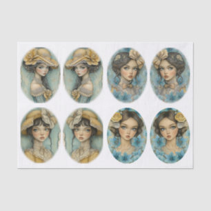 Elegant Grunge Girls Flowers Teal Yellow Decoupage Tissue Paper