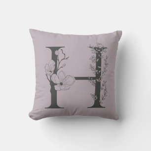 Elegant H Boho Floral Monogram Initial Lilac Grey Cushion