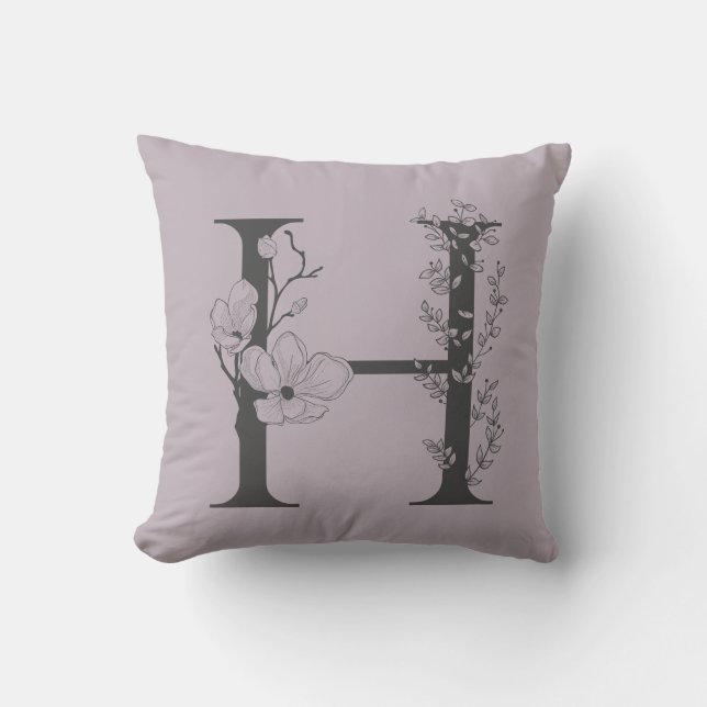 Elegant H Boho Floral Monogram Initial Lilac Grey Cushion (Front)