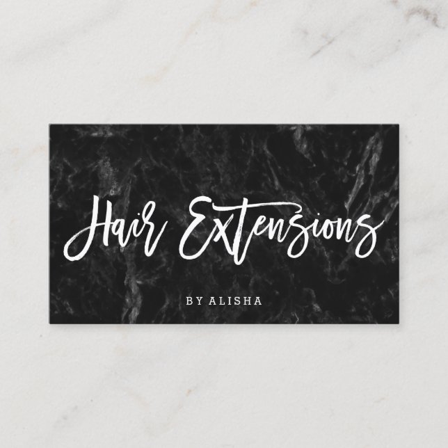 Elegant hair extensions script white black marble business card (Front)
