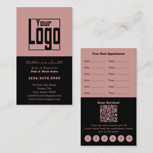 Elegant Hair Salon Black & Pink Loyalty & Appointment Card (Front/Back)