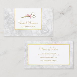 Elegant Hair Salon Gold Scissors White Rose Marble Business Card