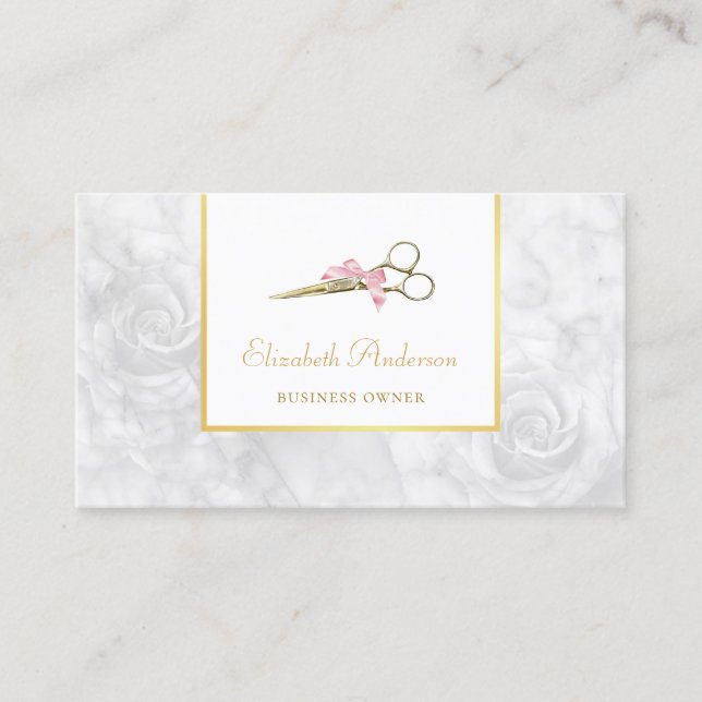 Elegant Hair Salon Gold Scissors White Rose Marble Business Card (Front)
