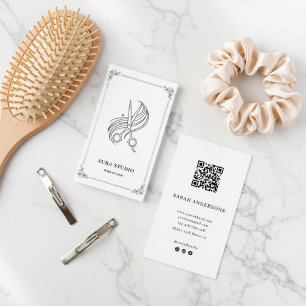Elegant Hair Stylist Business Card with QR Code