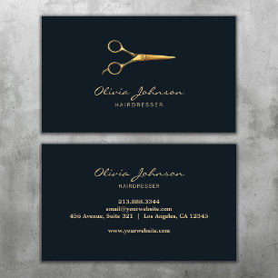 Elegant Hair Stylist Gold Scissors Dark Blue Business Card