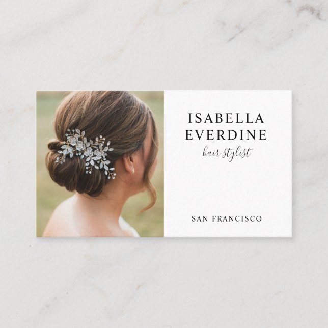 Elegant Hair Stylist Photo Business Card (Front)