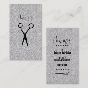 Elegant Hair Stylist's Scissors on Silver Glitter Business Card