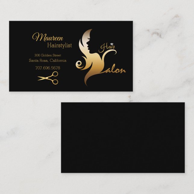 Elegant Hairstylist Black/Gold Hair Silhouette  Business Card (Front/Back)