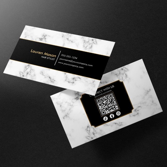 Elegant Hairstylist Black Gold Marble QR Code Business Card (Creator Uploaded)