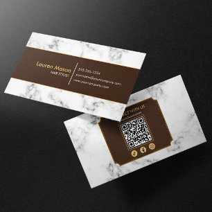 Elegant Hairstylist Brown Gold Marble QR Code Business Card