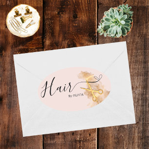 Elegant Hairstylist Gold Scissor Beauty Salon Pink Oval Sticker