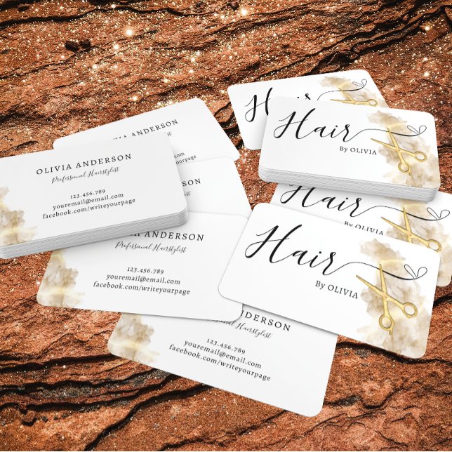 Elegant Hairstylist Hair Gold Scissors Black White Business Card (Creator Uploaded)