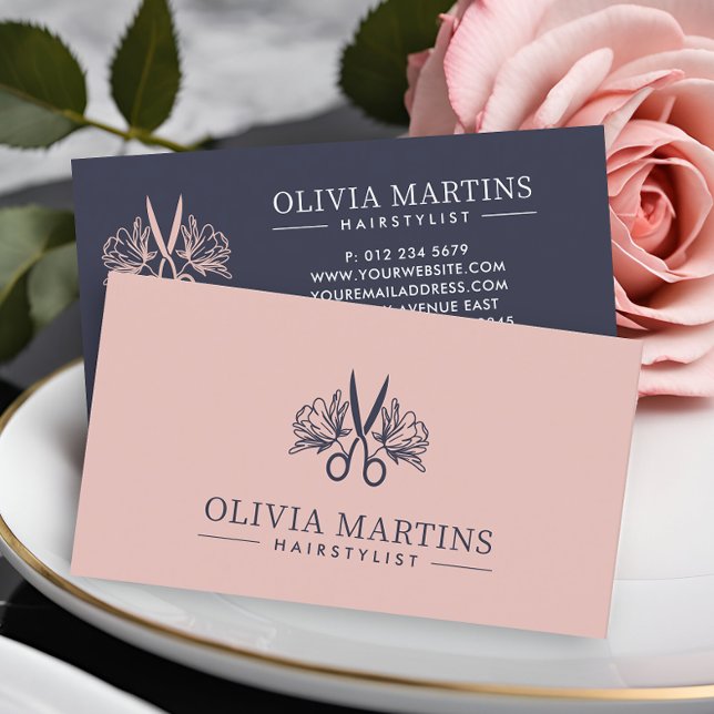 Elegant Hairstylist Petal & Charcoal QR Code Logo Business Card (Creator Uploaded)