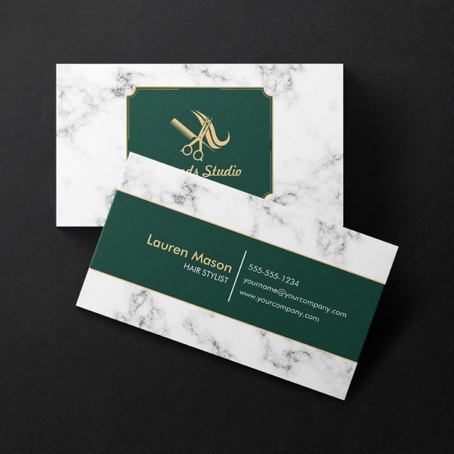 Elegant Hairstylist Salon Green Gold Border Marble Business Card (Creator Uploaded)