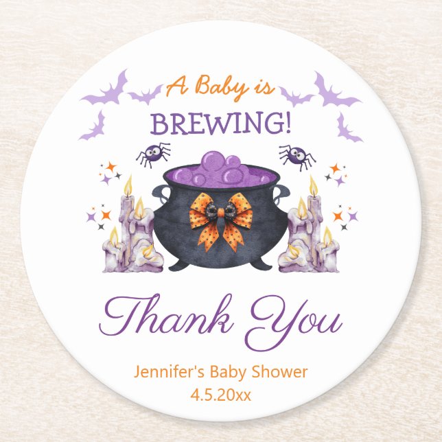 elegant halloween baby shower brewing thank you  round paper coaster (Front)