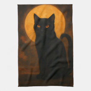 Elegant Halloween Black Cat Orange Eyes  Tea Towel