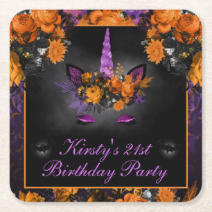 Elegant Halloween Flowers Unicorn Birthday Square Paper Coaster