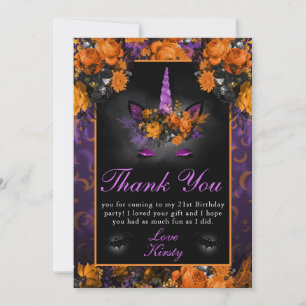 Elegant Halloween Flowers Unicorn Birthday Thank You Card