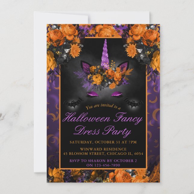 Elegant Halloween Flowers Unicorn Fancy Dress Invitation (Front)