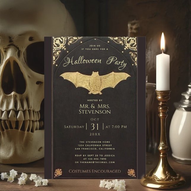 Elegant Halloween Gold Bat Black Vintage Invitation (Creator Uploaded)