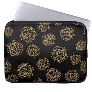 Elegant Halloween Golden Yellow Flowers on Black Laptop Sleeve
