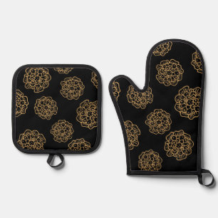 Elegant Halloween Golden Yellow Flowers on Black Oven Mitt & Pot Holder Set